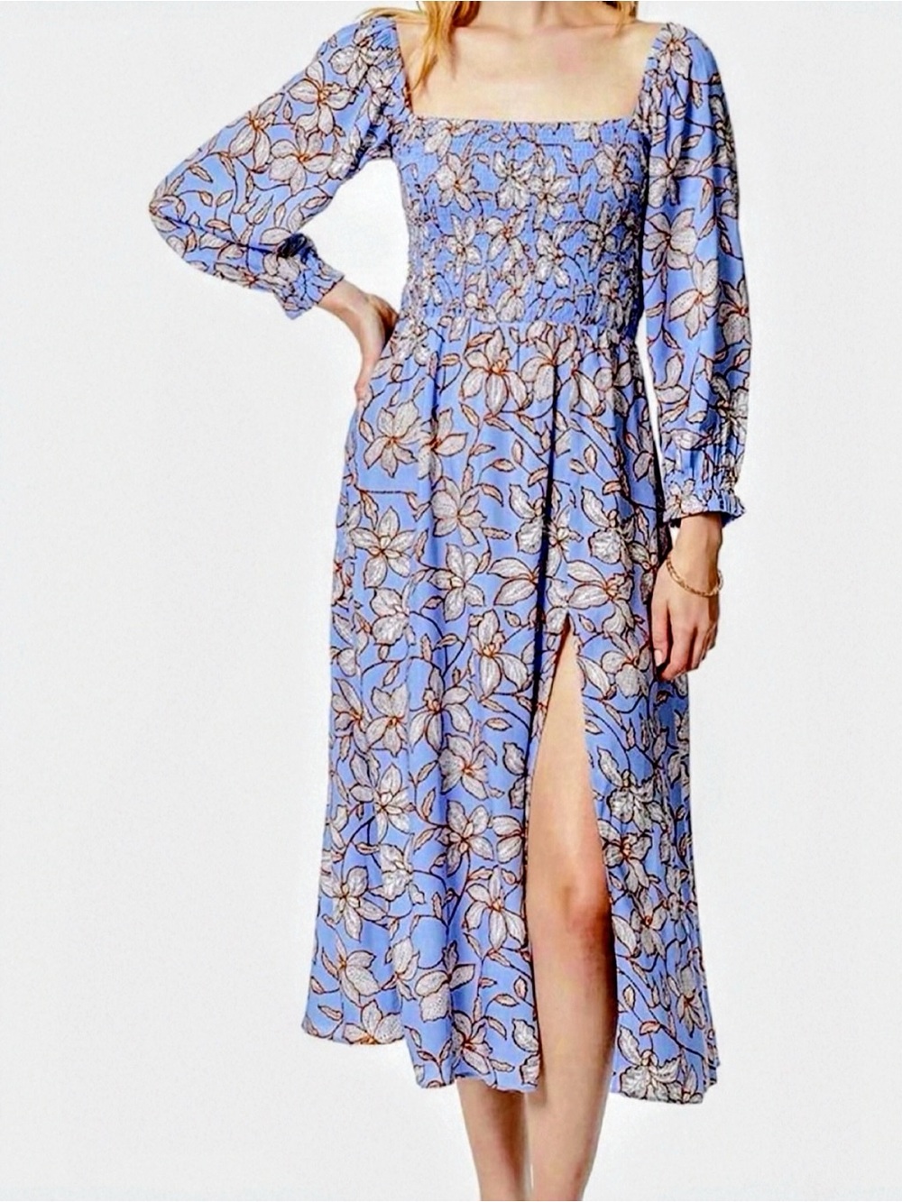 Jessica Simpson Smocked Square-Neck Floral Midi Dress in Light Blue